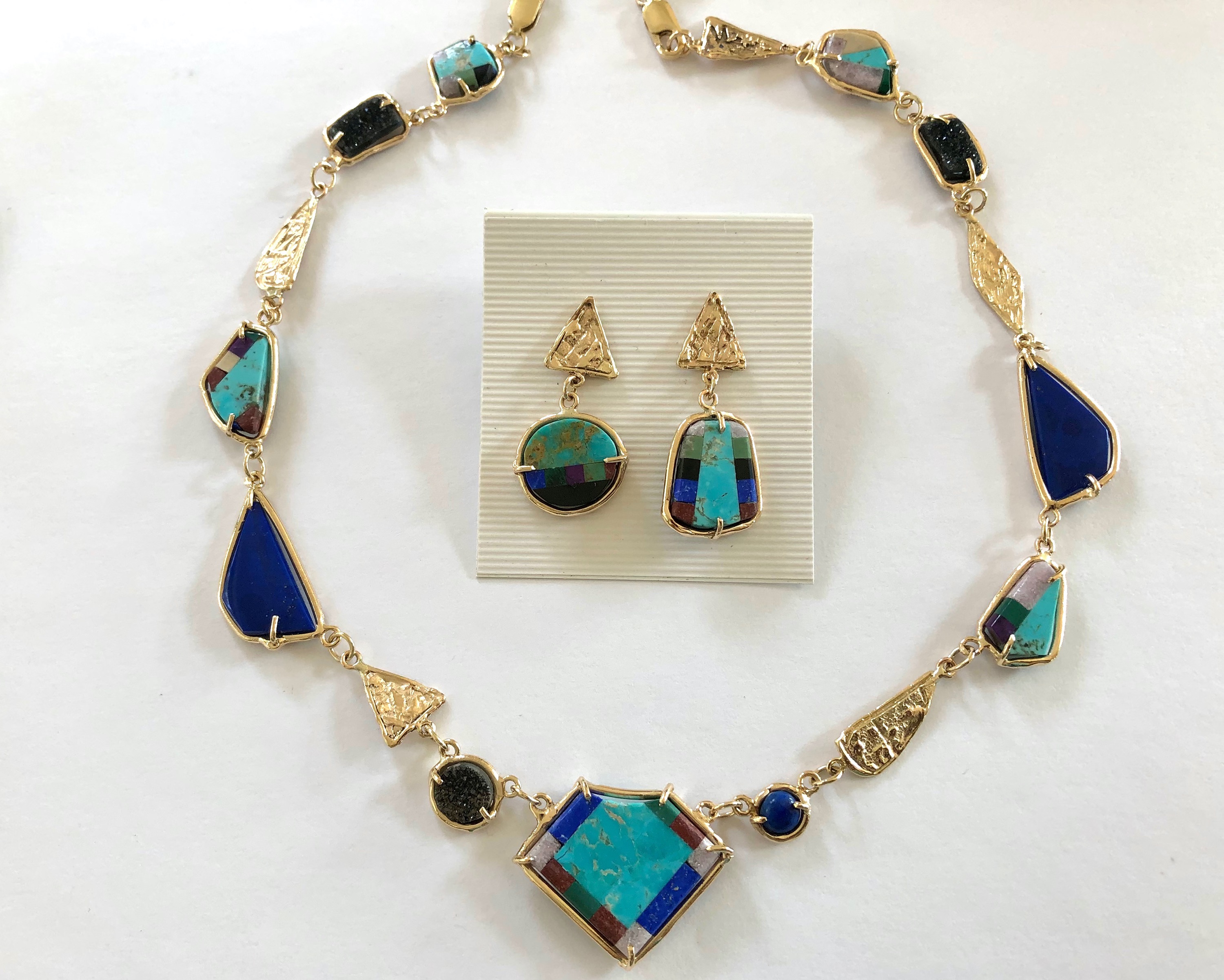 14k gold necklace/earrings multicolored gemstones 234